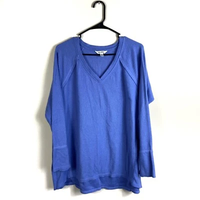 Wildfox Womens Haley Top Size L Blue Long Sleeve V-Neck Brushed Waffle-knit — 第 1/4 张图片