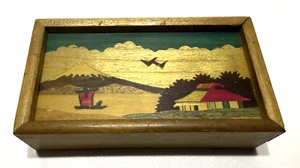 Japanese Paint Wood Puzzle Box Mt Fuji Scene Floral Marquetry Japan VTG 4"x2"x1" - Picture 1 of 6