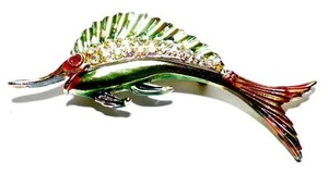 Marlin Pin Fish Goldtone Metal Aurora Borealis Rhinestones Vintage Retro - Picture 1 of 4