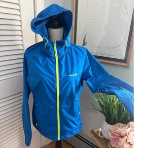 AVALANCHE Womens Jacket Blue Windbreaker Neon Green Hood Outdoor Running LARGE - Picture 1 of 14