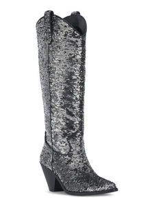 INC Womens Silver Sequined Ipiriah Round Toe Stacked Heel Western Boot 6 M - Picture 1 of 8