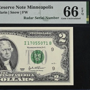 2003 $2 Federal Reserve Note PMG 66EPQ - Fancy Radar Serial Number 17055071 - Picture 1 of 3