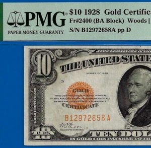 1928 $10 Gold Certificate PMG 53EPQ - Ultra Rare BA Block - Only 111 Known - Picture 1 of 5