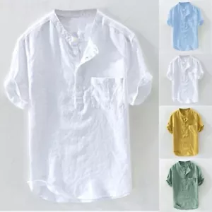Hombres Manga Corta Sin Cuello Suave Camisas de Vestir Informales Sueltas Vacaciones Top Camiseta - Imagen 1 de 20