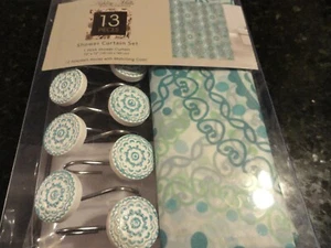 New 13 pc PEVA vinyl SHOWER CURTAIN~w/ STAR BURST~White~Teal~Aqua~Green~ Motif - Picture 1 of 6