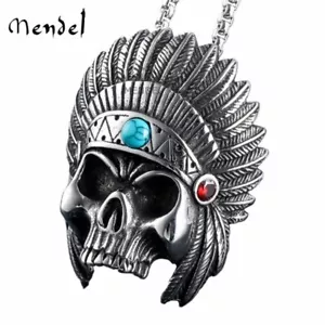 MENDEL Mens Native American Indian Chief Skull Biker Necklace Pendant Turquoise - Picture 1 of 6