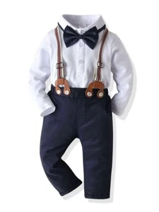 4 Piece Outfit Set Baby Boy White Bow Tie Top & Matching Suspender Pants 18-24m - Picture 1 of 12
