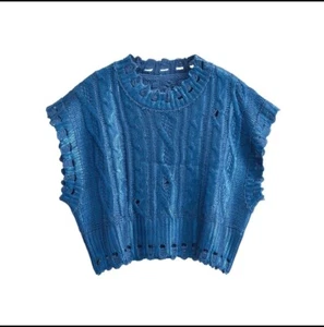 Woman Crop Sweater Metallic Sleeveless Large Blue Knit Vest Foil Round Neck - Picture 1 of 16
