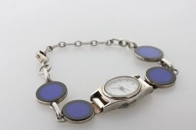 Cecilia Sterling Silver 925 Blue & Black Enamel Disc Bracelet Wristwatch 6"-7.5" - Image 1 of 4