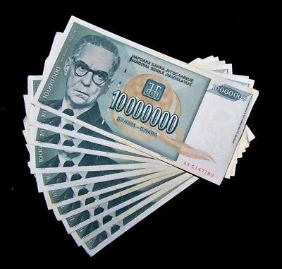 10 pcs x 10 Million Yugoslavia Dinara Banknotes /P-122 currency-CIRCULATED /1993 - Image 1 of 2