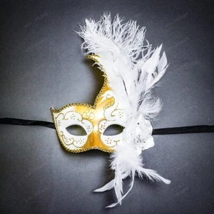 Ostrich feather Venetian Masquerade Costume Eye Mask Glitter Swan Gold White - Picture 1 of 4