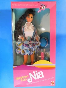 1989 WESTERN FUN NIA Hispanic Doll Mattel #9933 Black Hair, Teal Eyes NRFB - Picture 1 of 6