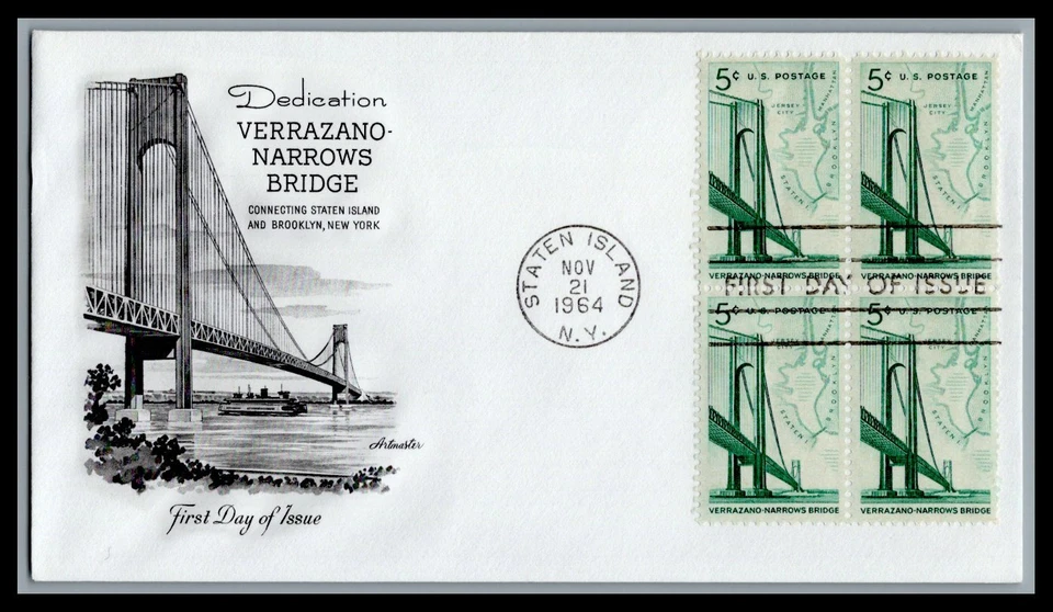US FDC # 1258 5c Verrazano Bridge Artmaster block  1964, 9L404 - Image 1 of 1