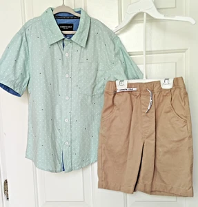 NWOT Kenneth Cole 2-Pc Boys Set - Green shirt & Beige shorts -Sz 7 100% cotton - Picture 1 of 8