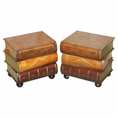 PAIR OF LEATHER BOUND SCHOLARS LIBRARY STACKING BOOKS SIDE TABLES WITH DRAWERS — 第 1/4 张图片