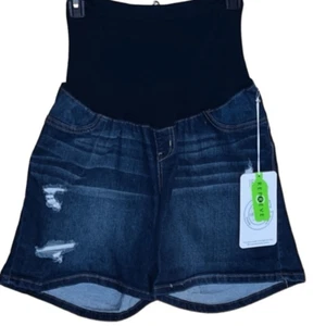 Pantaloncini premaman denim donna 1822 effetto invecchiato 16W blu pull on casual nuovi con etichette - Foto 1 di 8
