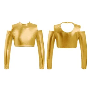 Kids Girls Shiny Metallic Modern Latin Jazz Dance Crop Top Shirts Performance - Picture 1 of 143