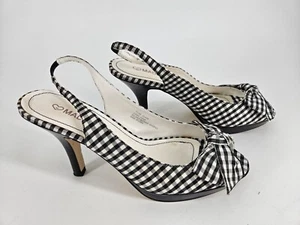 Madeline ELAINE 7.5 M Blk/Wht BUFFALO PLAID Open Toe Slingback Sandal HEELS - Picture 1 of 7