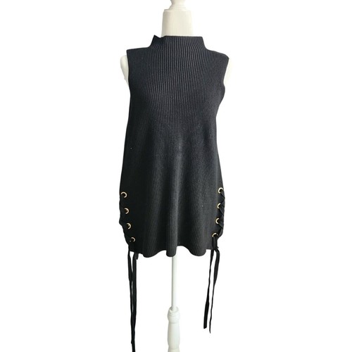 MICHAEL Kors mini abito maglione smanicato nero a costine maglia stringato lati L