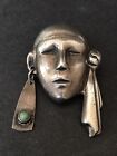 MODERN ABSTRACT FACE STERLING SILVER BROOCH PIN TURQUOISE Mexico circa 1940s