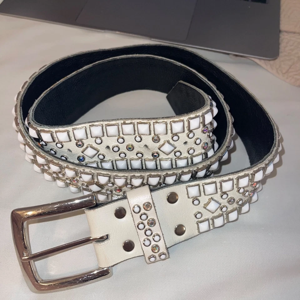 Rn Design Womens Belt Size Large White Leather Studded Swarosky Crystals - Image 1 of 4