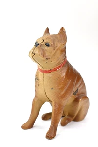 Vintage Cast Iron Sitting Boxer Dog Coin Bank Brown Red Collar Figural Bank - Picture 1 of 9