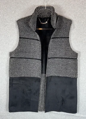 Paparazzi Vest Womens Medium Gray Black Sherpa Fleece Faux Suede Sleeveless Warm - Image 1 of 4