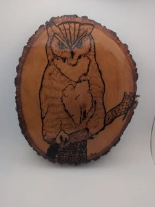 Vintage Owl Wood Burned on Wood Plaque Decor - Picture 1 of 2