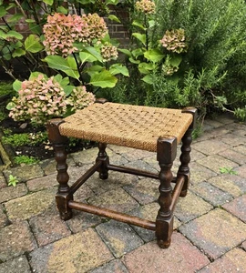 Antique Wooden Stool Woven Wood Cottage Furniture Brown String Natural - Picture 1 of 19