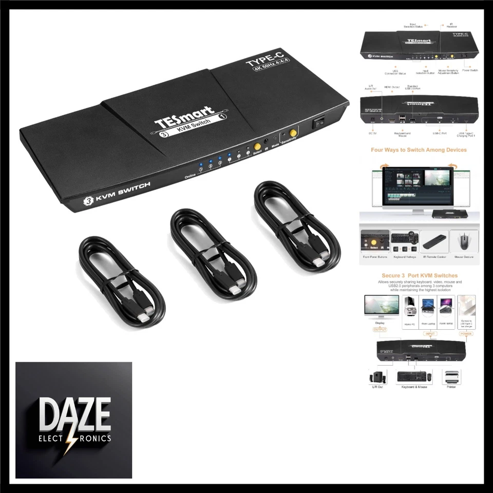 3 Port USB Type C KVM Switch 4K@60Hz 4:4:4 Ultra HD | 3x1 USB C KVM-Umschalte... - Bild 1 von 4