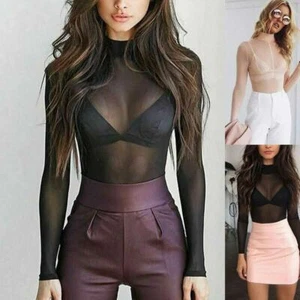 Women Sheer Mesh Fish Net Long Sleeve Turtle Neck See Crop Top T-Shirt Blouse❥ - Picture 1 of 15