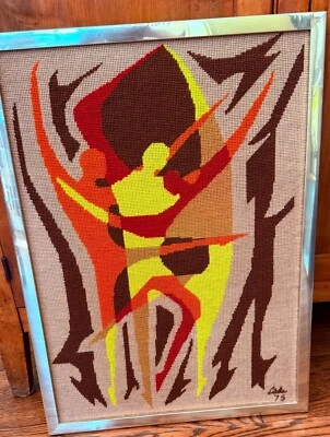Vintage Mid Century Modern Framed Needlepoint With Ballet Dancer Figures  ZZ484 - Image 1 of 4
