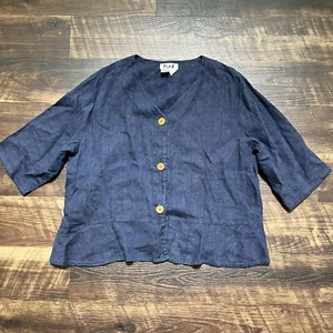 Flax 100% Linen Blazer Navy Blue Minimal Lagenlook Boho Button Shirt Large - Picture 1 of 12