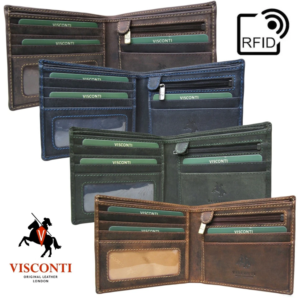 Mens Wallet Real Leather Bifold with Coin Pocket RFID New in Box Visconti 707