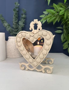 Cream Vintage Glass Heart Candle Holder Floor Table Lantern Small - Picture 1 of 7