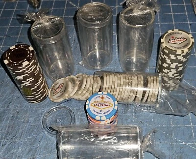 (5) Hvy. Duty Lidded Poker Chip Tube Storage Containers- Fits 25 Std. 39mm Chips Foto 1 de 4