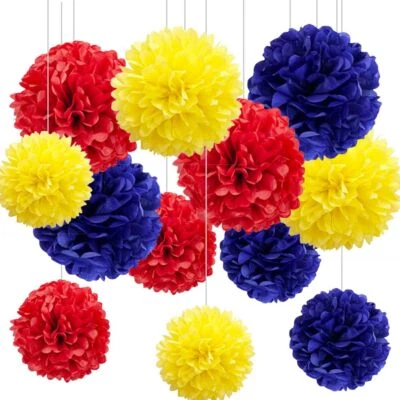 12 pompones de papel rojo azul y amarillo colgantes flores de pañuelo de techo para abedul... Foto 1 de 4