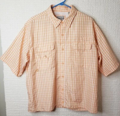 Bimini Bay 男式 XL 橙色格子钓鱼衬衫 S. 袖涤纶工装袋 — 第 1/4 张图片