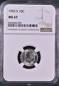 Moneda de diez centavos Roosevelt 1955-S 10C NGC MS67 6554345-055 - Imagen 1 de 2