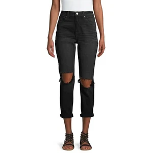 No Boundaries Junior Girls Black Super High Rise Destructed Mom Jeans Size 11 - Picture 1 of 6