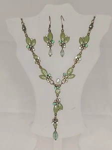 Pretty Vintage M&S Green Fairycore Enamel Rhinestones Y Necklace & Earrings Set - Picture 1 of 7