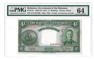 64 PMG 4 Shillings ND(1947) The Bahamas Goverment Banknote # 9e - Picture 1 of 3