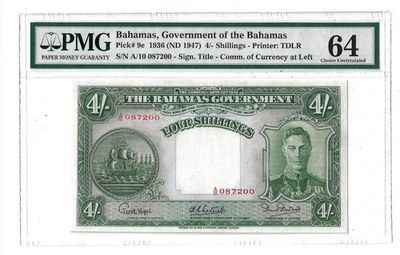 64 PMG 4 Shillings ND(1947) The Bahamas Goverment Banknote # 9e - Image 1 of 3