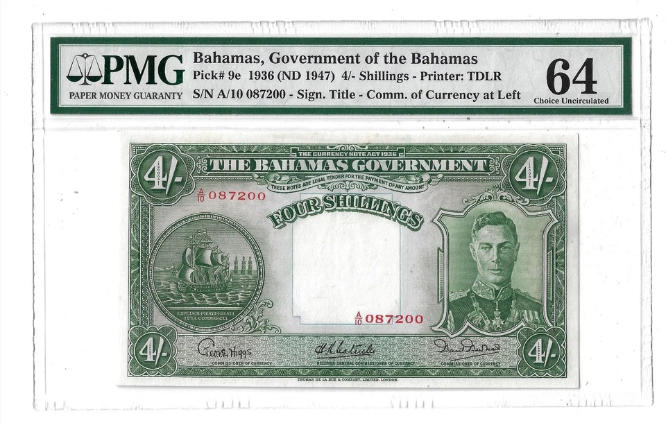 64 PMG 4 Shillings ND(1947) The Bahamas Goverment Banknote # 9e - Image 1 of 3