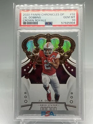 2020 Panini Chronicles DP Crown Royale JK Dobbins RC PSA 10 Denver Broncos - Image 1 of 2