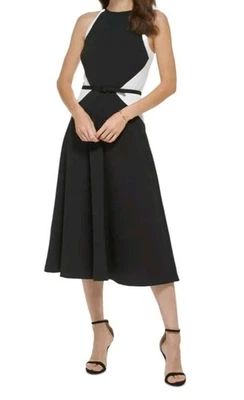DKNY Womens Sz 2 Colorblocked Belted Midi Halter Slimming Dress Black White 48A - Image 1 of 4