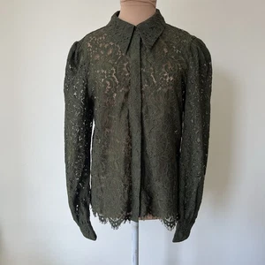 Blusa L’Agence Jenica Verde Oliva Transparente Larga Encaje Manga Abullonada Abotonada Talla S - Imagen 1 de 12