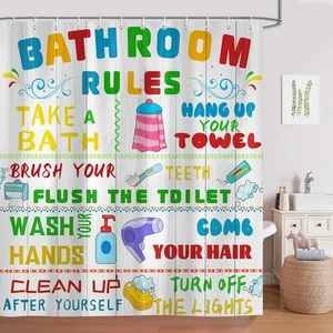 Kids Shower Curtains Funny Bathroom Rules Cute Colorful Pattern Teen Boy Girl... - Picture 1 of 7