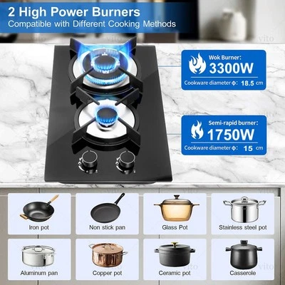 2 Burners Gas Hob 30cm Kitchen Built in Cooktop Tempered Glass NG/LPG Dual Fuel - Image 1 of 4