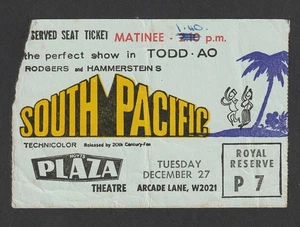 ENTRADA DE CINE VINTAGE - TEATRO PLAZA HOYTS DEL Pacífico Sur Adelaida diciembre 1960 - Imagen 1 de 1